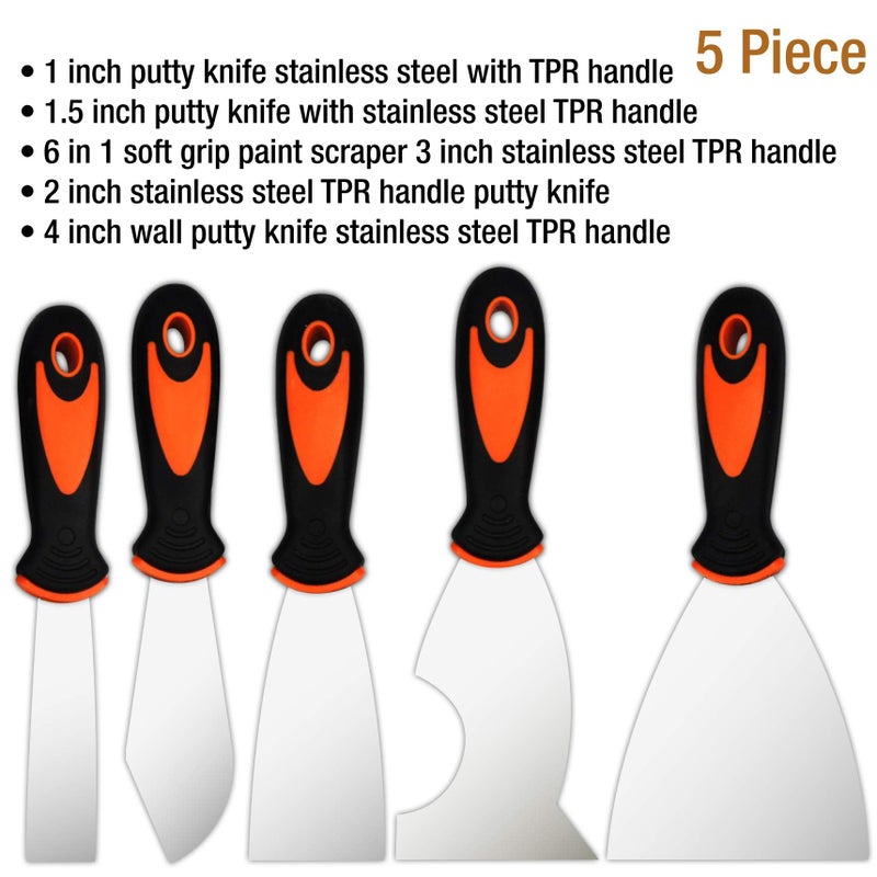 Kingorigin Putty Knife Set, 5 Pcs Paint Scraper (1" 1.5" 2" 3" 4"), Multi-use Scraper Tool, Spackle Knife for Drywall Repair, Wallpaper Removal, Paint Application, Applying Putty, Plaster - Image 2